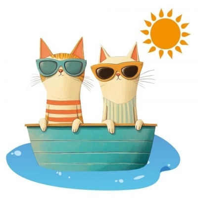 Ilustração de dois gatos de óculos de sol num barco azul na água com sol