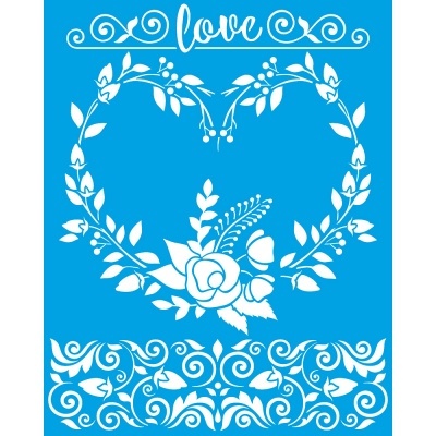 Stencil branco com padrão floral em forma de coração e palavra love