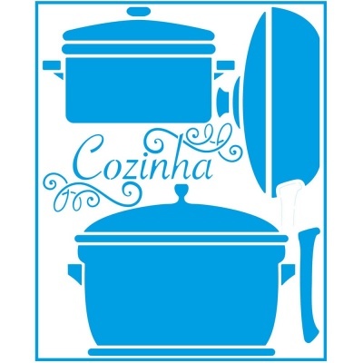 Desenhos azuis de panelas de cozinha com texto 'Cozinha'