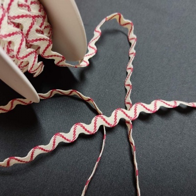 Fita decorativa branca com padrão ondulado vermelho em suporte de cartão