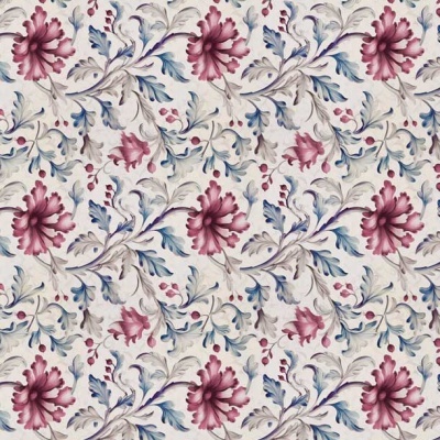 Papel de parede floral em vermelho, azul e cinza sobre fundo branco