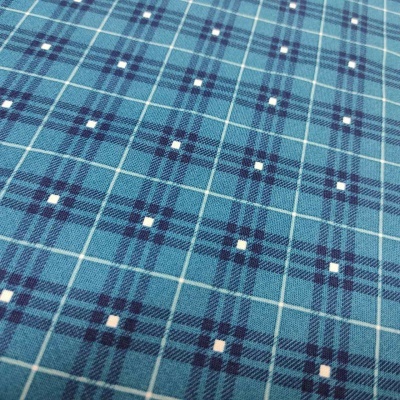 Tecido azul com padrão xadrez e pequenos quadrados brancos