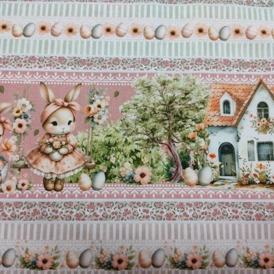 tecido decorativo com coelhinhos, casa, flores e ovos em tons pastel