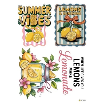 Ilustrações coloridas de limões, jarro de limonada e textos sobre limões e verão