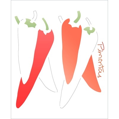 Ilustração de pimentos vermelhos e verdes com texto 'Pimientos'