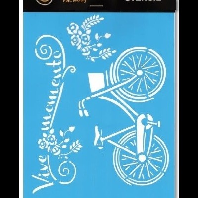 Stencil com desenho de bicicleta, flores e frase Vive suavemente