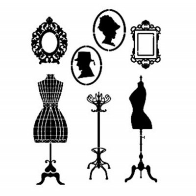 Silhuetas negras de manequins, cabideiro e molduras decorativas com perfis humanos