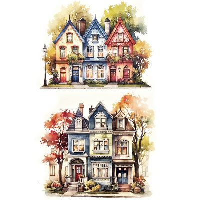 Ilustração aquarela de casas coloridas com árvores outonais