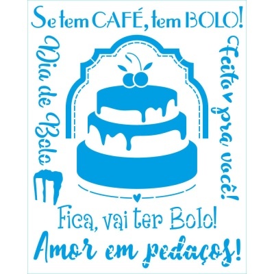 Ilustração azul de bolo com texto promocional em português sobre bolo e café