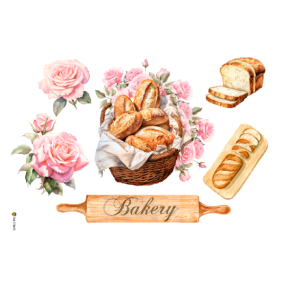 Cesto com baguetes, tábuas de pão e flores cor-de-rosa