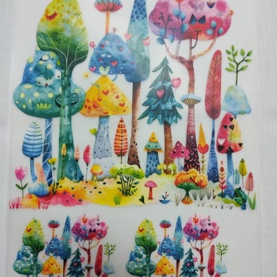 Ilustração colorida de árvores e cogumelos sobre fundo branco