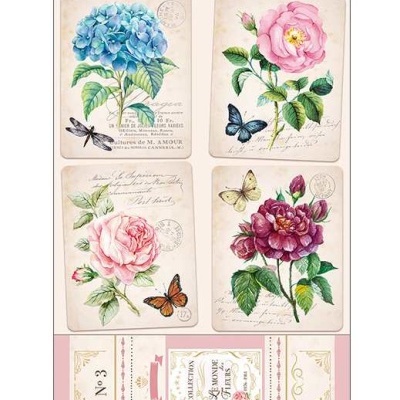 Conjunto de papel de arroz decorativo com flores coloridas e borboletas em fundo bege com texto.