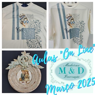 Camisola branca com estampa de mulher e texto em azul