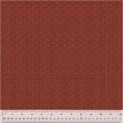 tecido castanho avermelhado com padrão de linhas verticais e pontos brancos, régua 12 cm