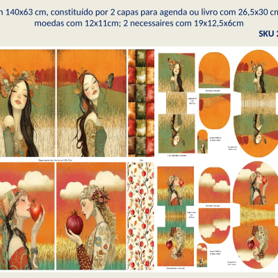 Painel decorativo com ilustrações de mulheres, frutas e borboletas em tons de laranja e verde.