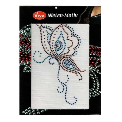 Decoração de borboleta em tachas coloridas numa embalagem preta com texto VIVA DECOR Nieten-Motiv