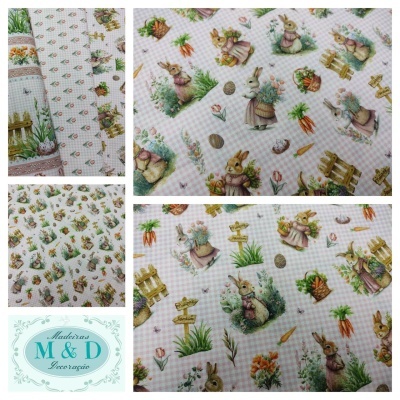tecido decorativo com padrão de coelhos e jardim