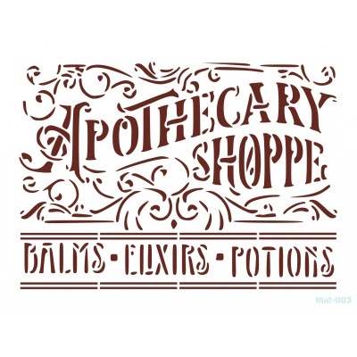 Stencil decorativo castanho com texto vintage 'APOTHECARY SHOPPE BALMS ELIXIRS POTIONS'