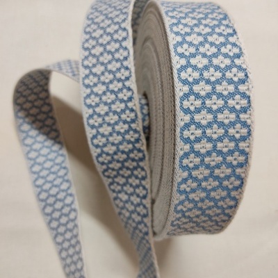 Fita decorativa em tecido azul e branco, padrão floral, enrolada.