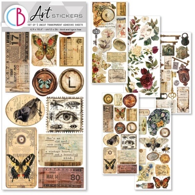 Conjunto de autocolantes artísticos vintage com borboletas, flores e elementos antigos.