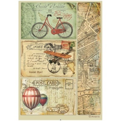 Cartões postais vintage com desenhos de bicicleta, avião, balões de ar quente e mapa antigo em tons sépia