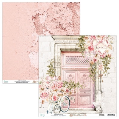 Papel decorativo para scrapbooking com porta antiga rosa e bicicleta branca
