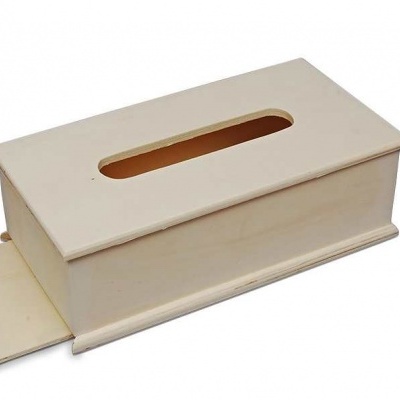 Caixa dispensadora de lenços de madeira clara com tampa e gaveta deslizante