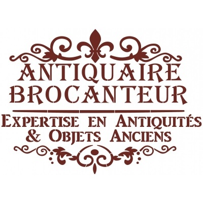 Logotipo com texto decorativo em francês sobre antiguidades e objetos antigos