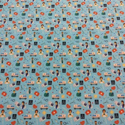 Tecido azul claro com padrão médico repetido