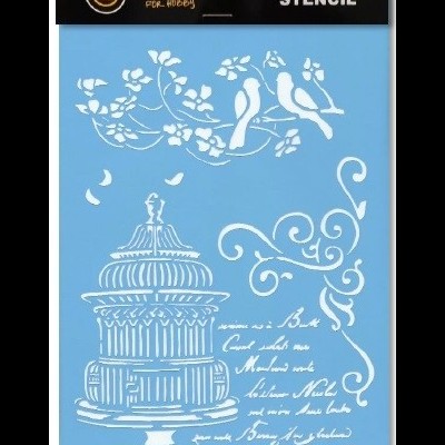 Stencil azul com desenhos recortados em branco de pássaros, quiosque e arabescos na embalagem preta