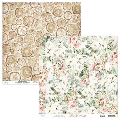 Papéis decorativos com padrão de madeira e floral em tons bege, castanho, verde, branco e rosa