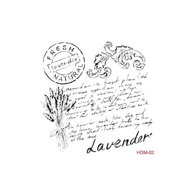 Ilustração em preto e branco de ramo de lavanda com texto e carimbo circular com a palavra Lavender