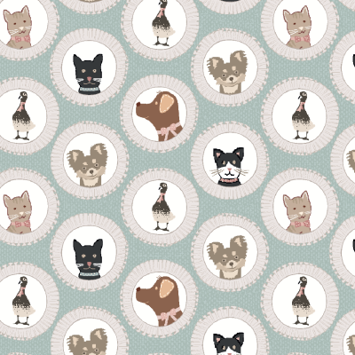 Padrão com ilustrações de cães, gatos e aves dentro de círculos em fundo cinza azulado