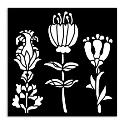 Desenho preto e branco de três flores estilizadas com folhas sobre fundo preto