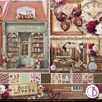 Papel de scrapbook vintage com temas de livros, flores e borboletas