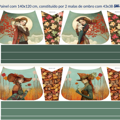 Painel de tecido com duas malas de ombro e ilustrações artísticas