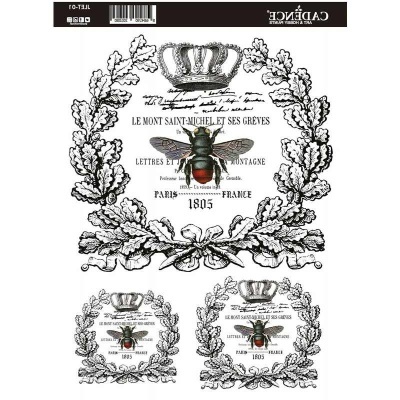 Imagens decorativas com vespa, moldura de folhas e texto em francês, estilo vintage.