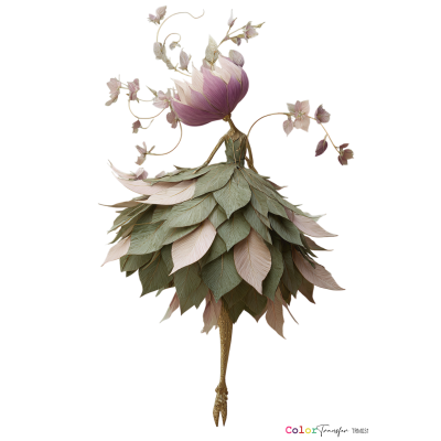 Figura artística de bailarina com vestido de folhas e flores em tons verdes e rosa