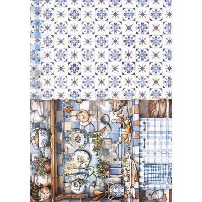 Três panos de cozinha com padrões diversos em azul e branco.