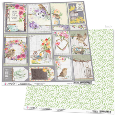Papel decorativo para scrapbooking com ilustrações de pássaros, flores e objetos