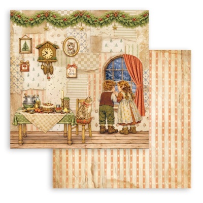 Papel decorativo vintage com cenas natalícias e crianças junto à janela