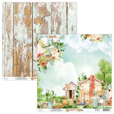 Papel para scrapbook com padrão de madeira e ilustração de casa rural com flores
