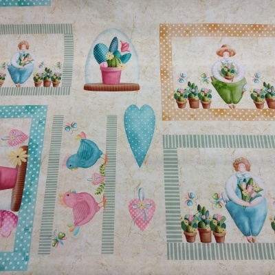 Tecido com estampados de plantas e personagens femininas em tons pastel.