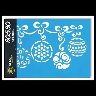 Stencil azul com desenhos de bolas decorativas suspensas