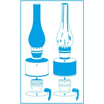 Ilustração a azul de dois lampiões a óleo com componentes numerados.