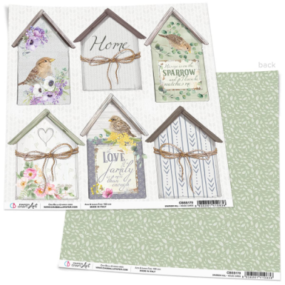 Papel para scrapbook com casas decorativas de pássaros e flores, texto e padrão verde no verso