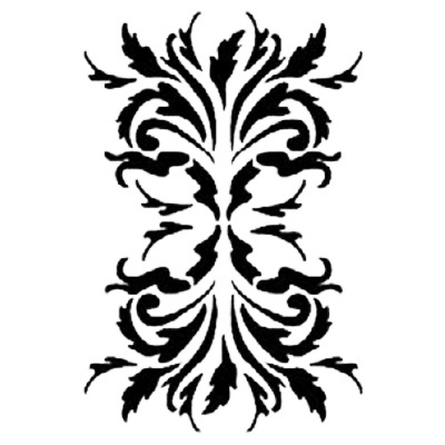 Padrão decorativo preto e branco com motivos de folhas simétricos