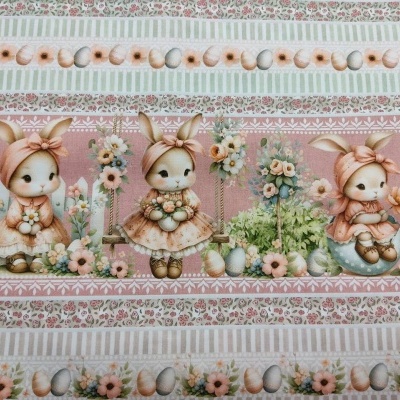 Tecido decorativo com coelhinhos vestidos, flores e ovos em tons pastel