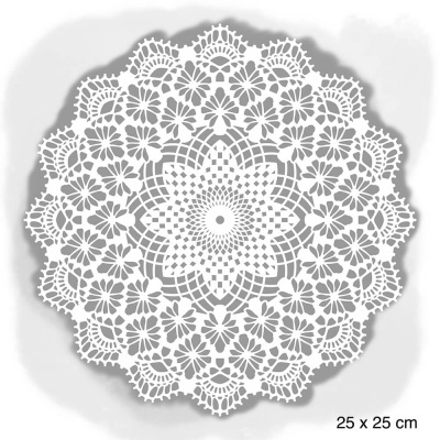 Toalha redonda branca rendada com padrão floral e geométrico, 25x25 cm