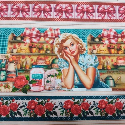 Tecido decorativo com mulher loira, frascos, fitas xadrez vermelhas e rosas vermelhas